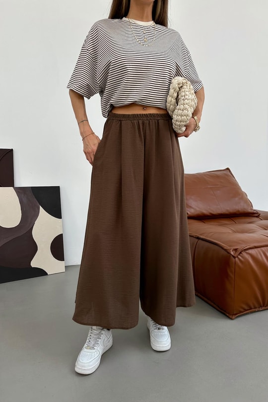 Beli Lastik Geniş Paça Pantolon Kahve