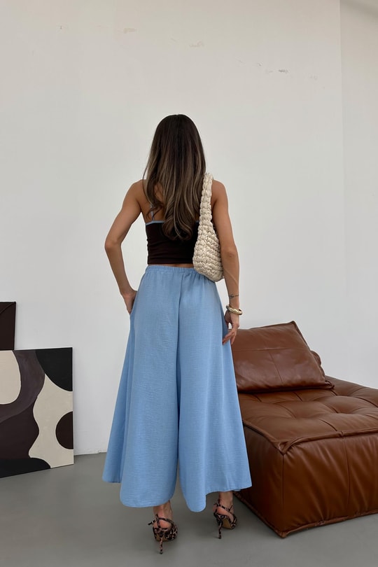 Beli Lastik Geniş Paça Pantolon Mavi