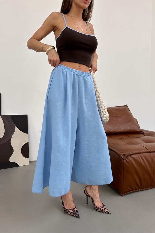 Beli Lastik Geniş Paça Pantolon Mavi