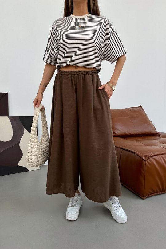 Beli Lastik Geniş Paça Pantolon Kahve