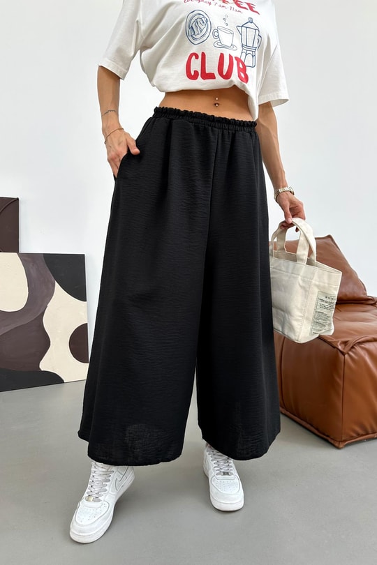 Beli Lastik Geniş Paça Pantolon Siyah