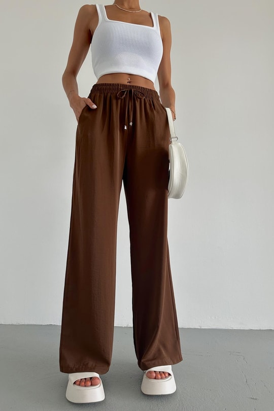 Beli Lastikli Bol Pantolon Kahve