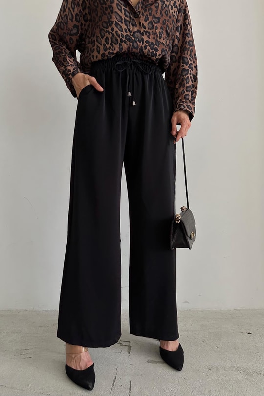 Beli Lastikli Bol Pantolon Siyah