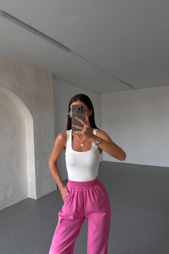 Beli Lastikli Gabardin Pantolon Pembe