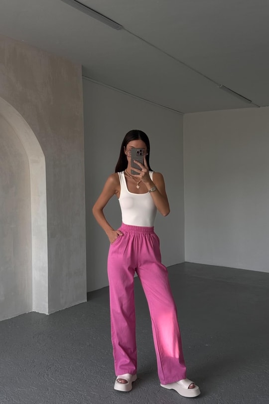 Beli Lastikli Gabardin Pantolon Pembe