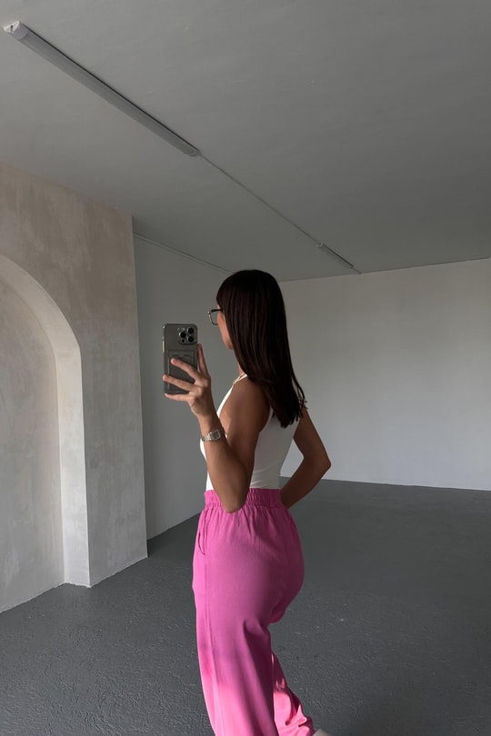 Beli Lastikli Gabardin Pantolon Pembe