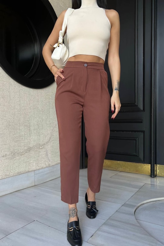 Beli Lastikli Havuç Pantolon Acı Kahve