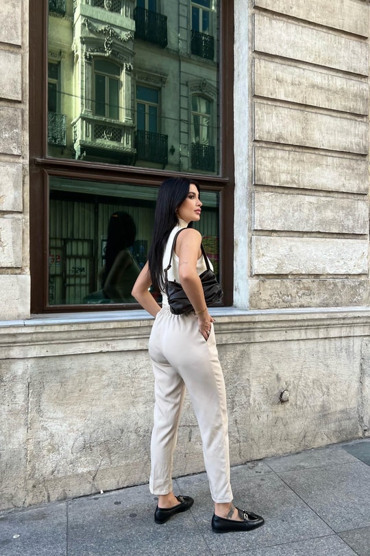 Beli Lastikli Havuç Pantolon Beyaz
