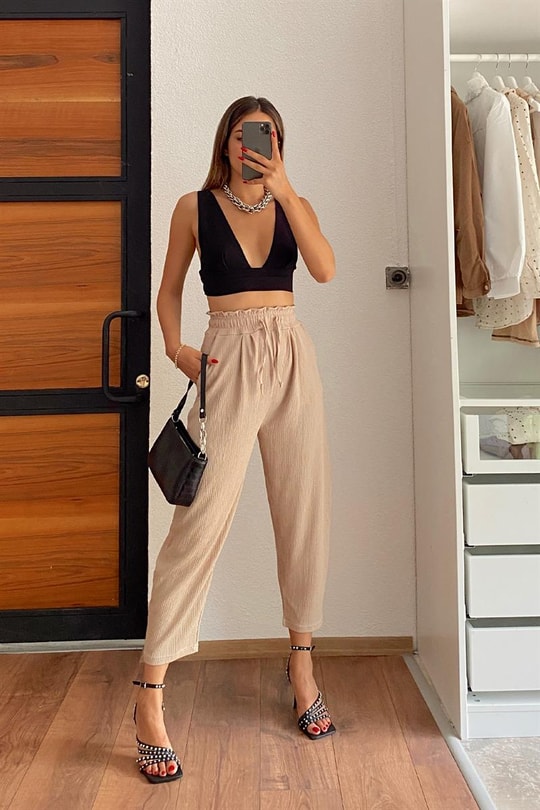 Beli Lastikli Krinkıl Pantolon Vizon
