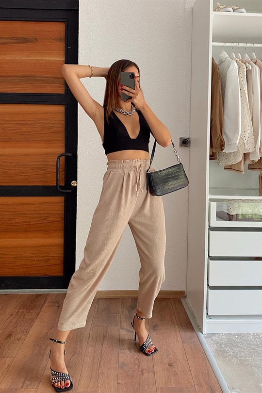 Beli Lastikli Krinkıl Pantolon Vizon