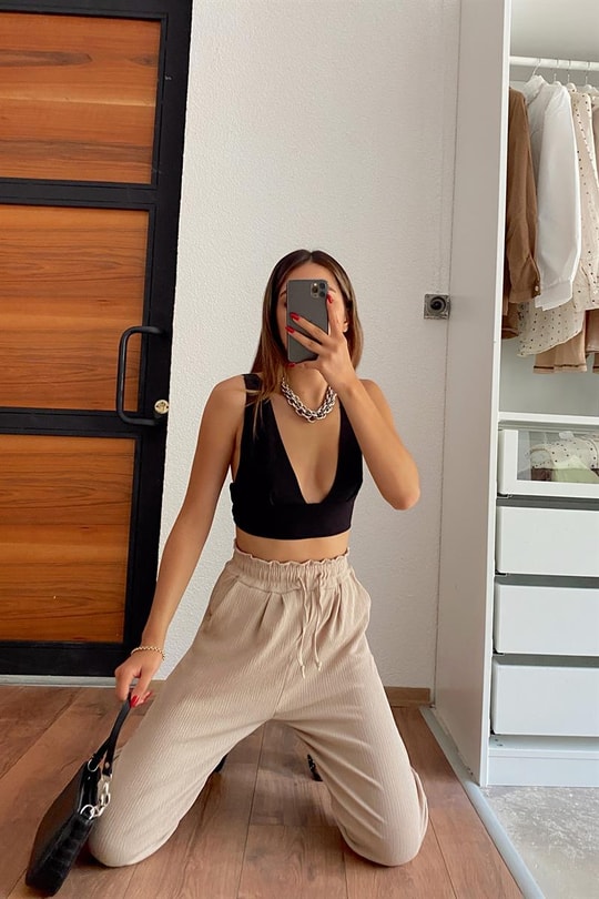 Beli Lastikli Krinkıl Pantolon Vizon