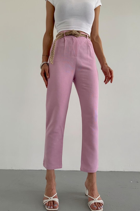Bilekboy Hasır Kemerli Pantolon Pembe