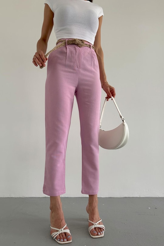 Bilekboy Hasır Kemerli Pantolon Pembe
