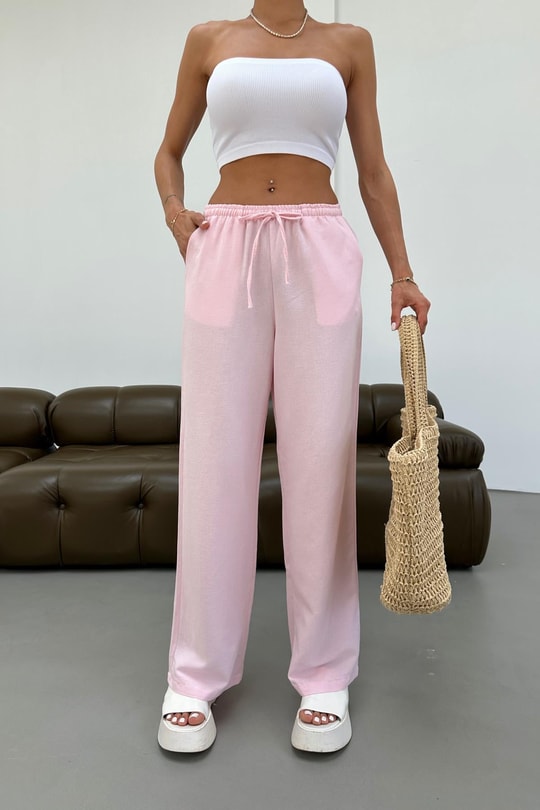 Bol Paça Keten Pantolon Pembe
