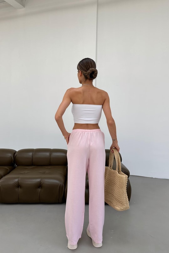 Bol Paça Keten Pantolon Pembe