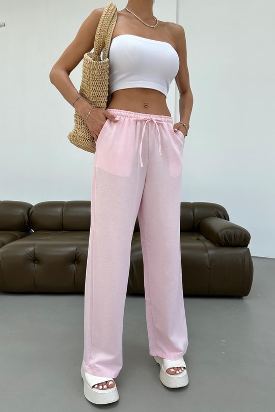 Bol Paça Keten Pantolon Pembe