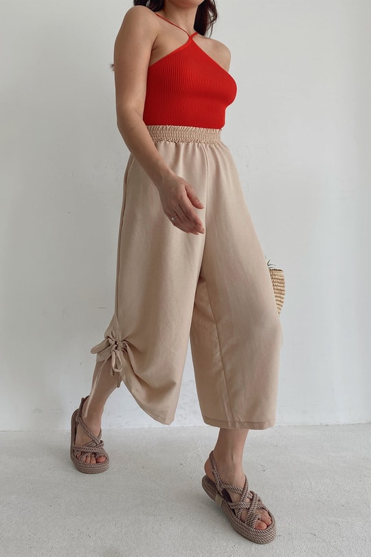 Büzgülü Culotte Pantolon Bej