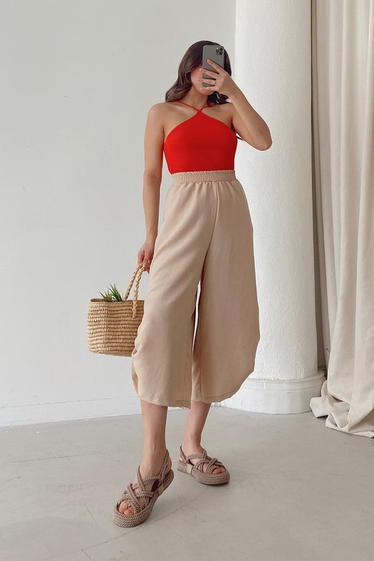 Büzgülü Culotte Pantolon Bej