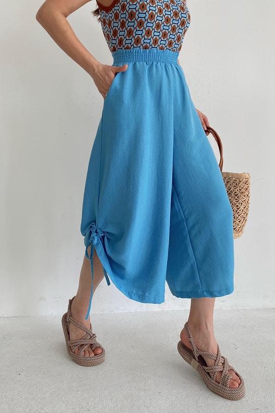 Büzgülü Culotte Pantolon Mavi