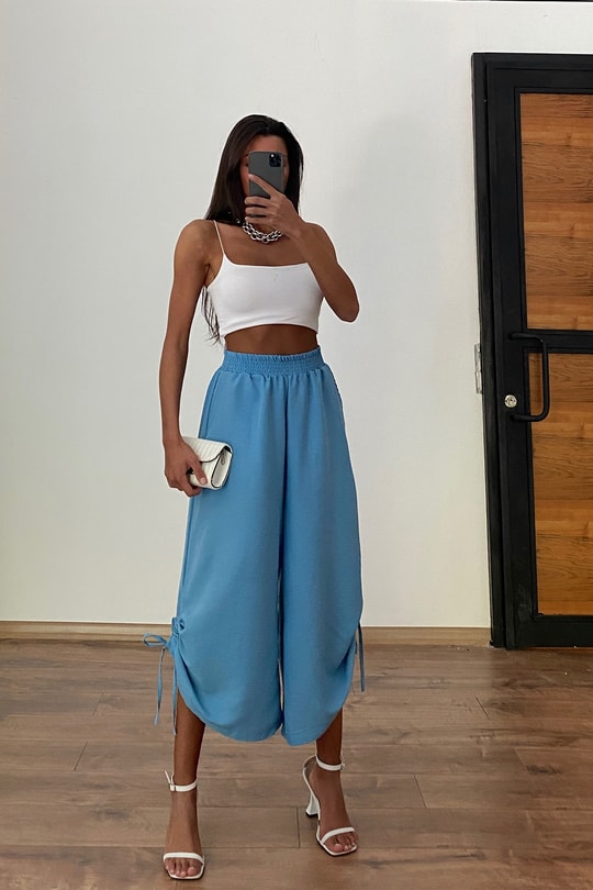 Büzgülü Culotte Pantolon Mavi