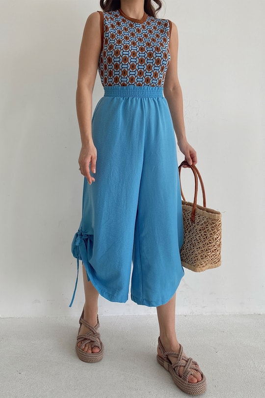 Büzgülü Culotte Pantolon Mavi