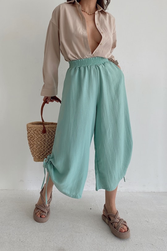 Büzgülü Culotte Pantolon Su Yeşili