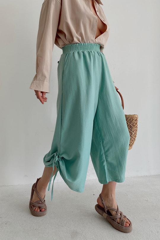 Büzgülü Culotte Pantolon Su Yeşili