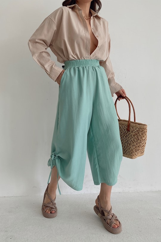 Büzgülü Culotte Pantolon Su Yeşili