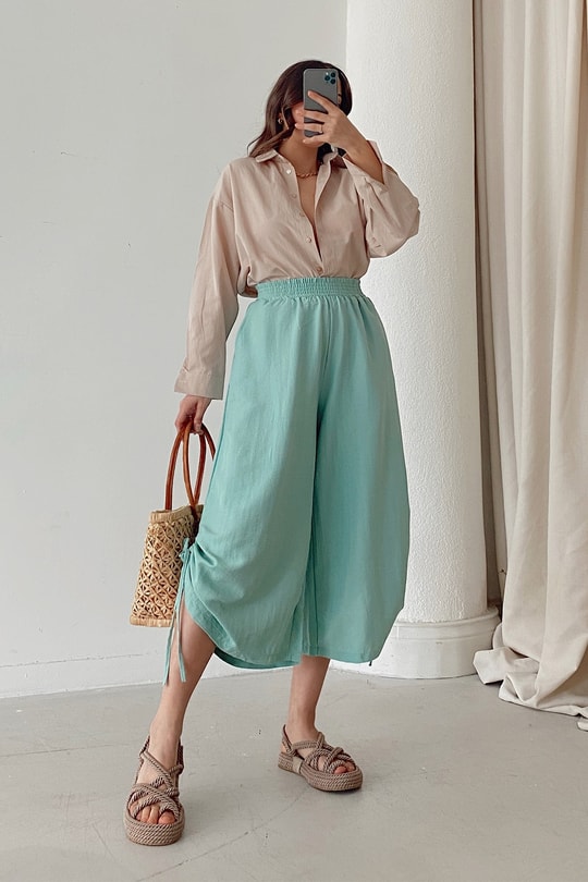 Büzgülü Culotte Pantolon Su Yeşili