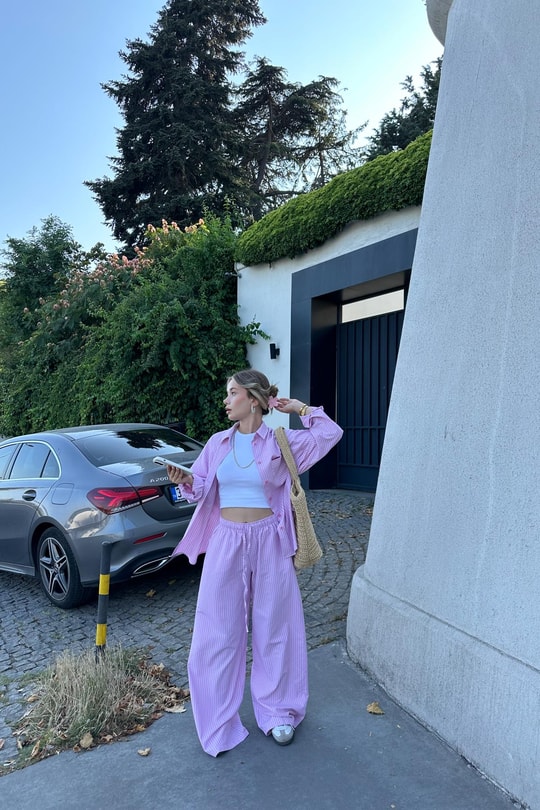 Çizgili Relax Pantolon Pembe