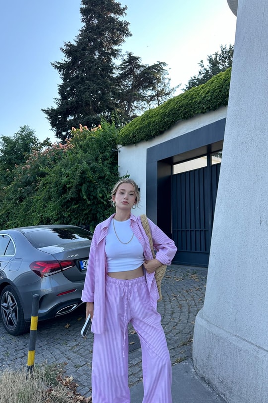 Çizgili Relax Pantolon Pembe
