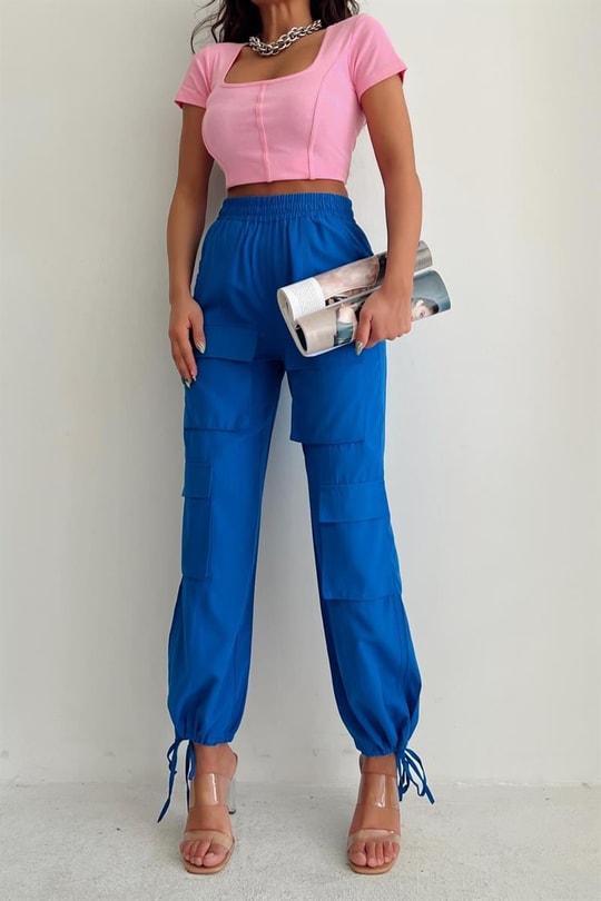 Çok Cepli Jogger Pantolon Saks Mavisi