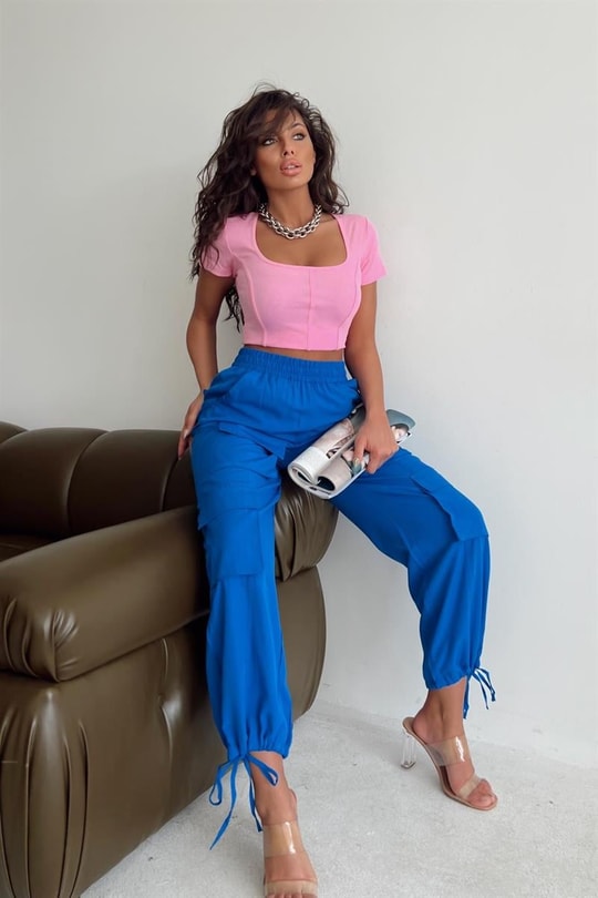 Çok Cepli Jogger Pantolon Saks Mavisi