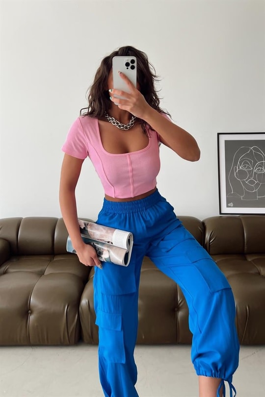 Çok Cepli Jogger Pantolon Saks Mavisi