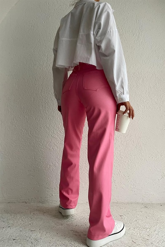 Dikiş Detay Deri Pantolon Pembe