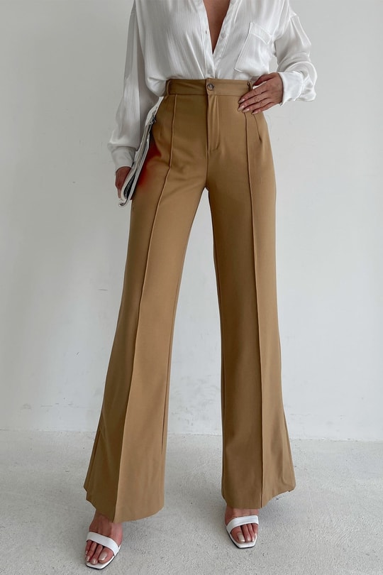 Dikiş Detay Ham Keten Pantolon Camel