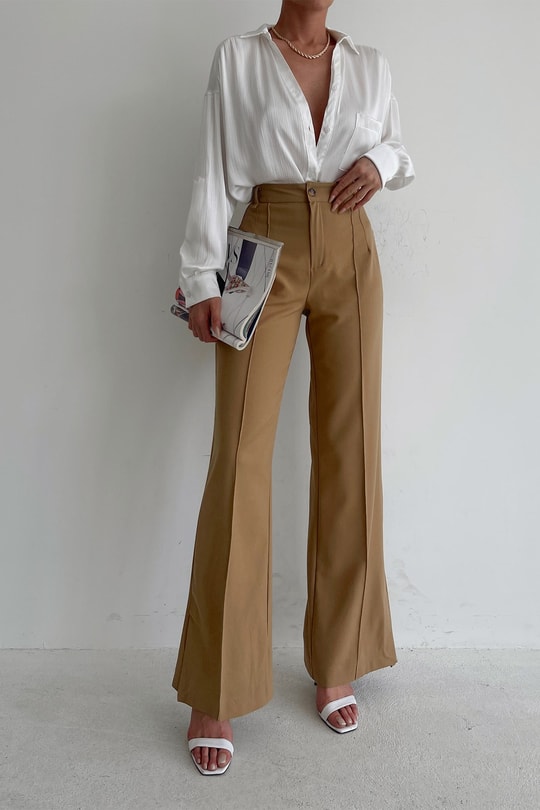Dikiş Detay Ham Keten Pantolon Camel