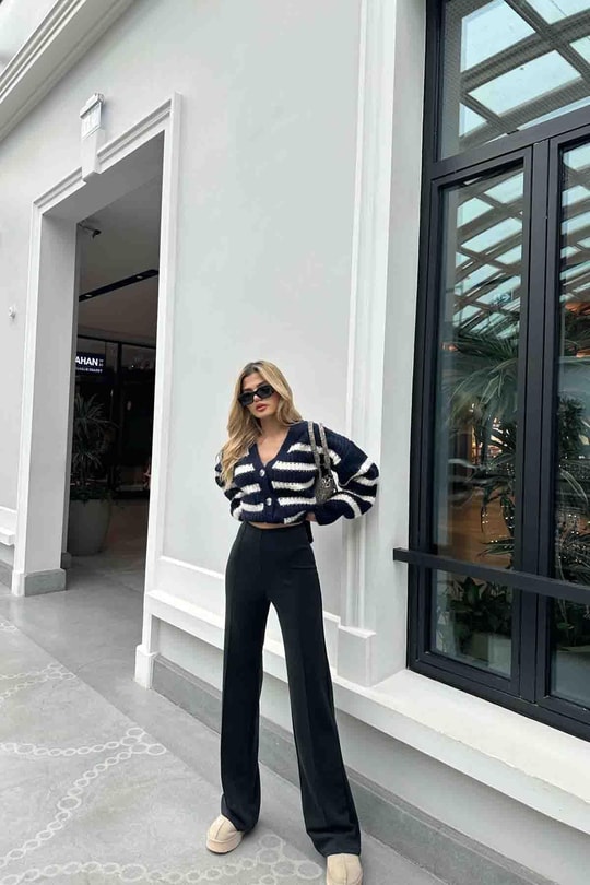 Dikiş Detay Scuba Palazzo Pantolon Siyah