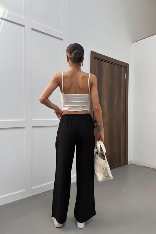 Dokulu Bol Paça Pantolon Siyah