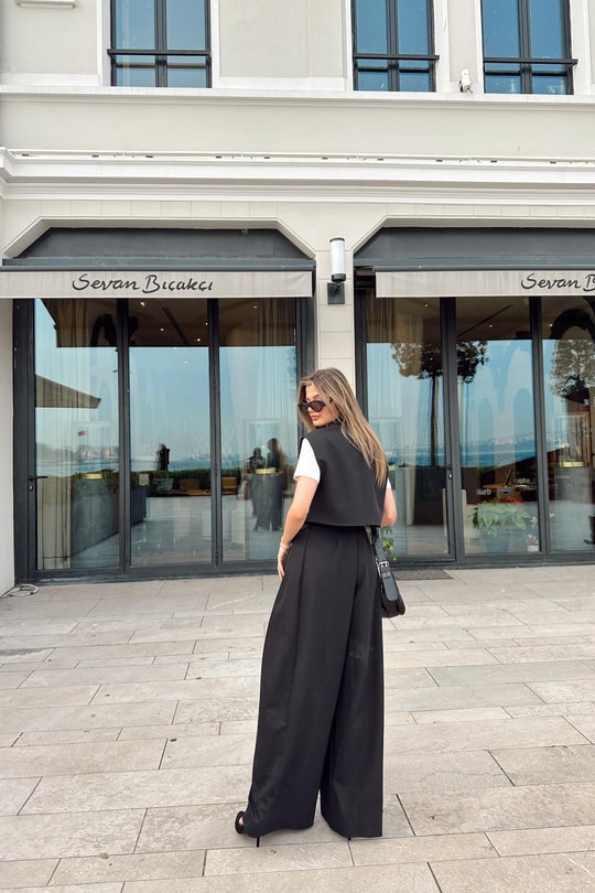Double Palazzo Kumaş Pantolon Siyah