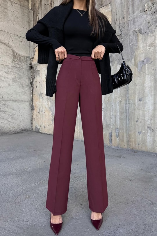 Double Pallazo Pantolon Bordo