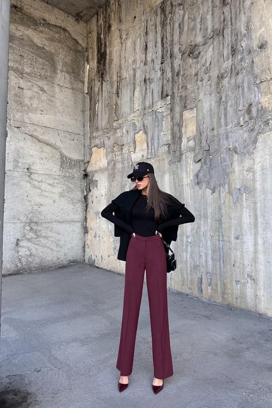 Double Pallazo Pantolon Bordo