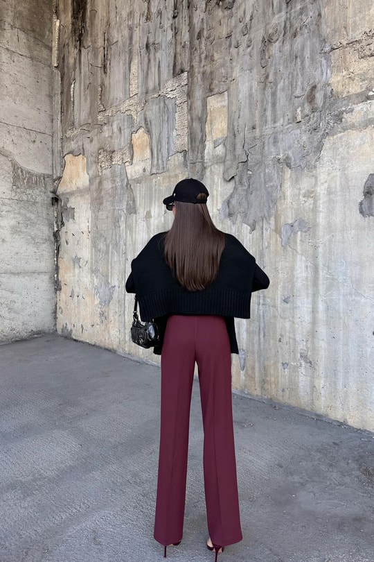 Double Pallazo Pantolon Bordo