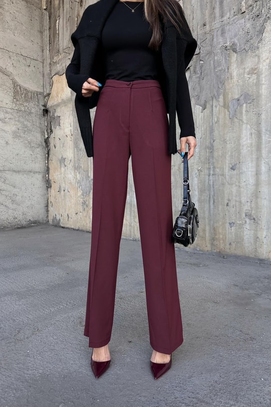 Double Pallazo Pantolon Bordo