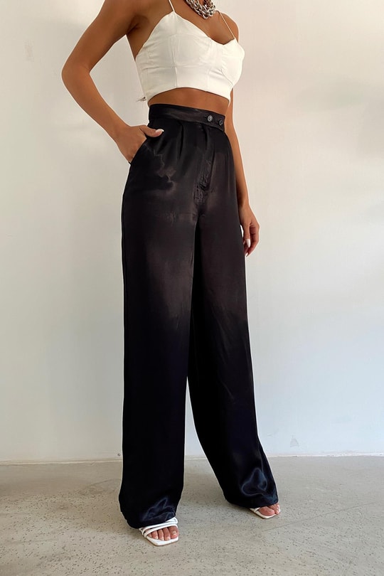 Düğmeli Saten Straight Pantolon Siyah