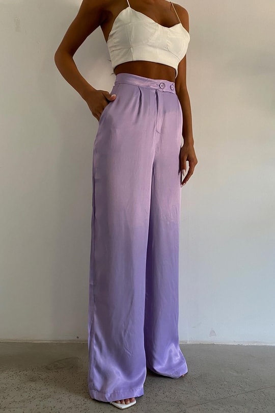 Düğmeli Saten Straight Pantolon Lila
