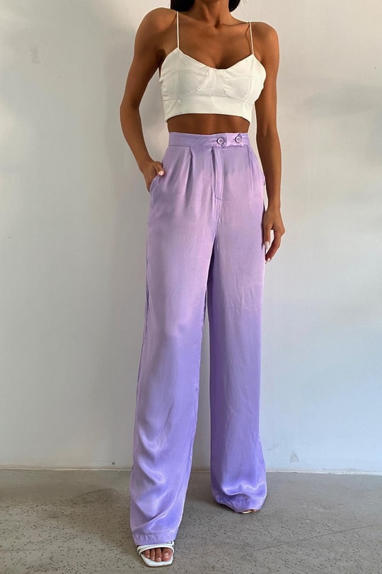 Düğmeli Saten Straight Pantolon Lila
