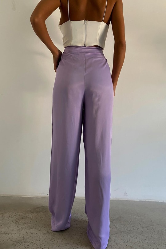 Düğmeli Saten Straight Pantolon Lila