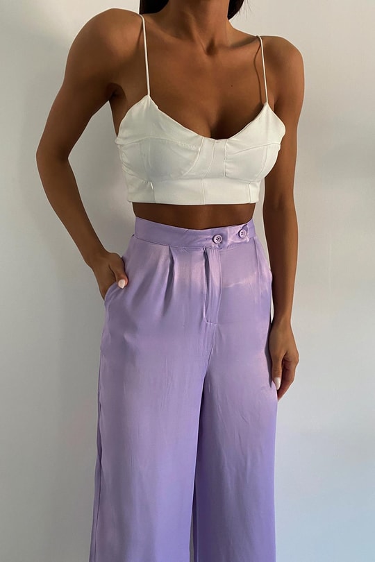 Düğmeli Saten Straight Pantolon Lila