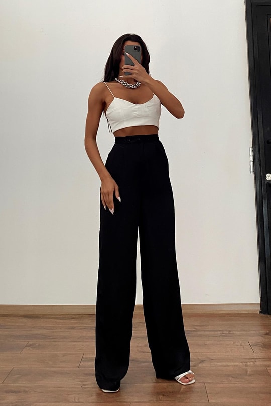 Düğmeli Saten Straight Pantolon Siyah